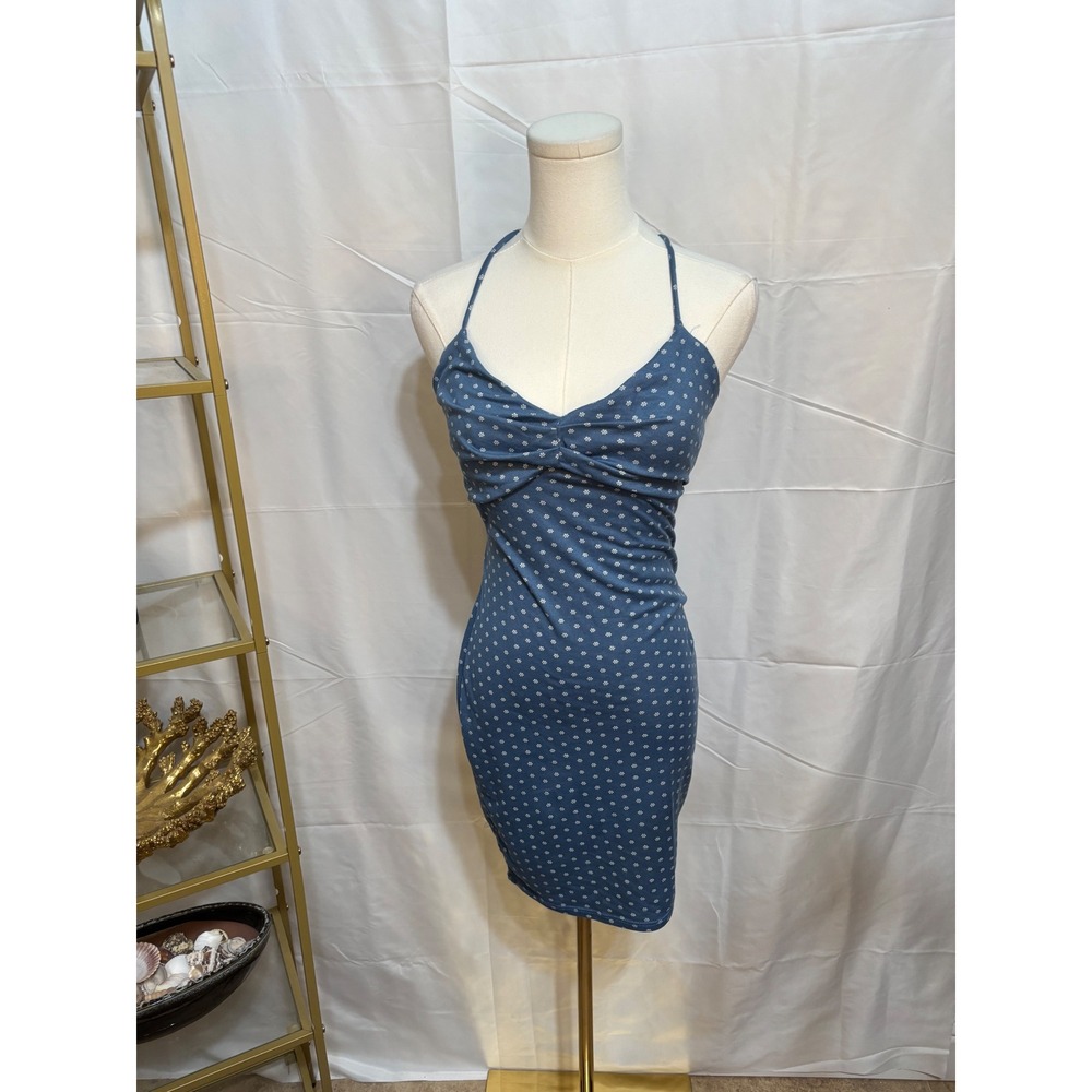 Blue Floral Ruched Halter Mini Dress Cross Back Cutout Bodycon Sundress